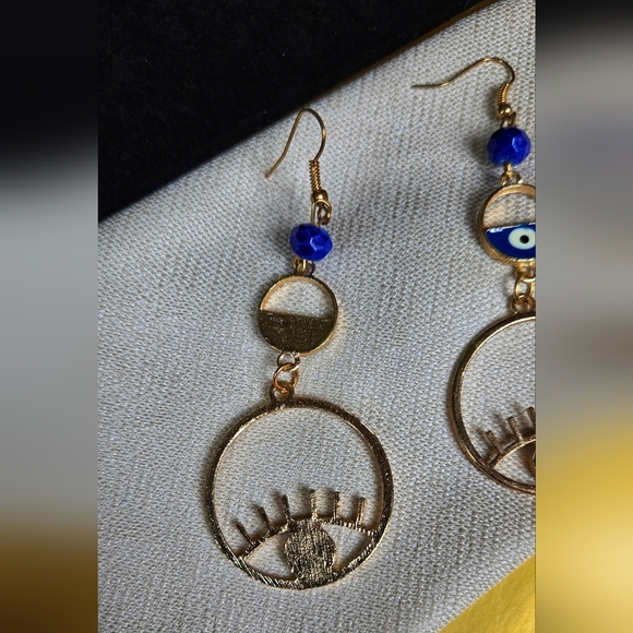 Elegant Gold Tone Blue Evil Eye Earrings - Picture 3 of 15